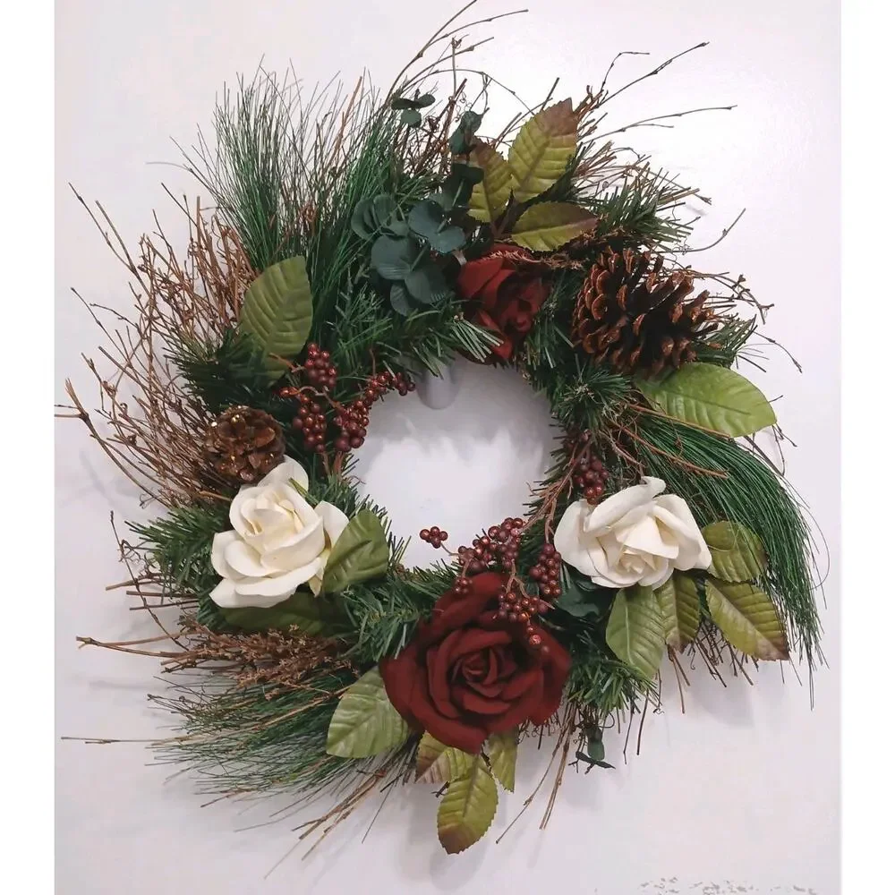 Winter Door Wreath Elegant Victorian ROSES Holiday Decor Christmas Arrangement‎